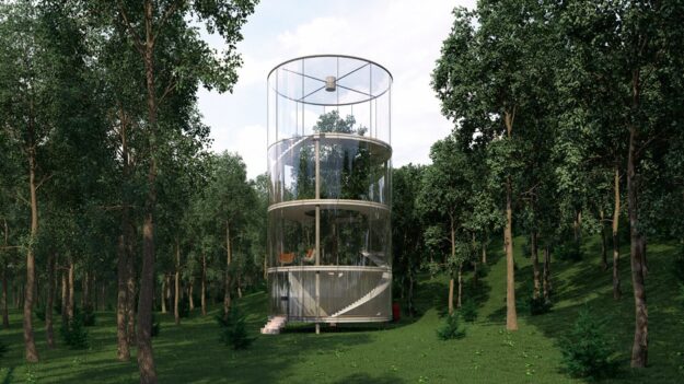 Κυλινδρικό γυάλινο σπίτι στη φύση