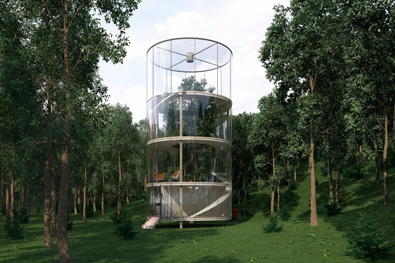 Κυλινδρικό γυάλινο σπίτι στη φύση