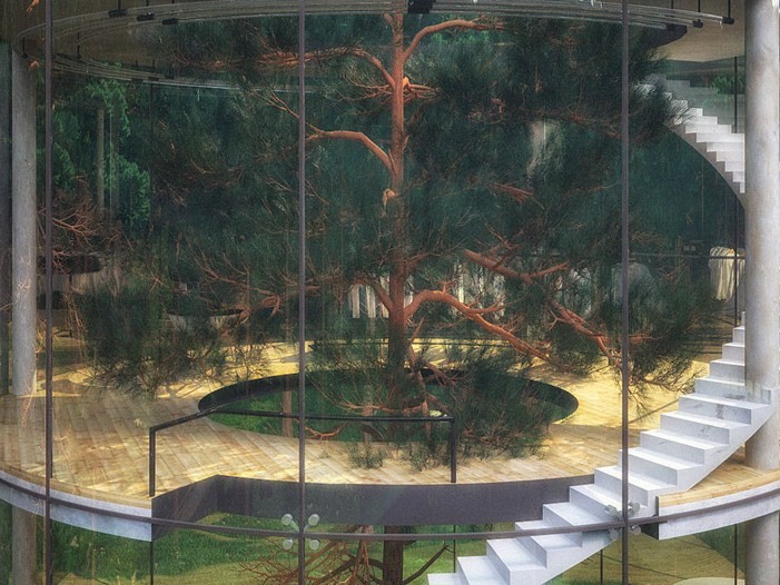 Κυλινδρικό γυάλινο σπίτι στη φύση