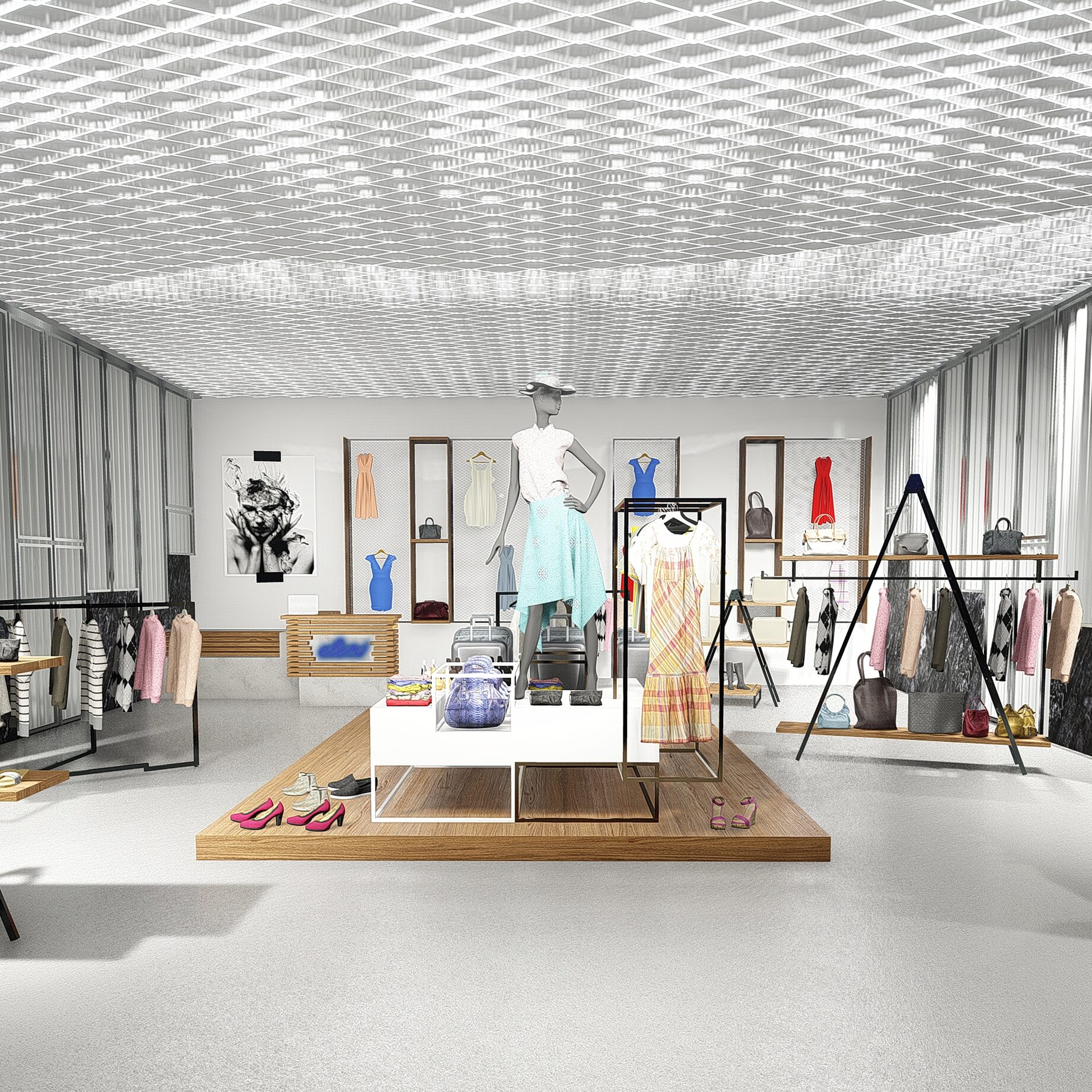 Σχεδιασμός καταστήματος μόδας boutique γυναικείων ενδυμάτων vintage