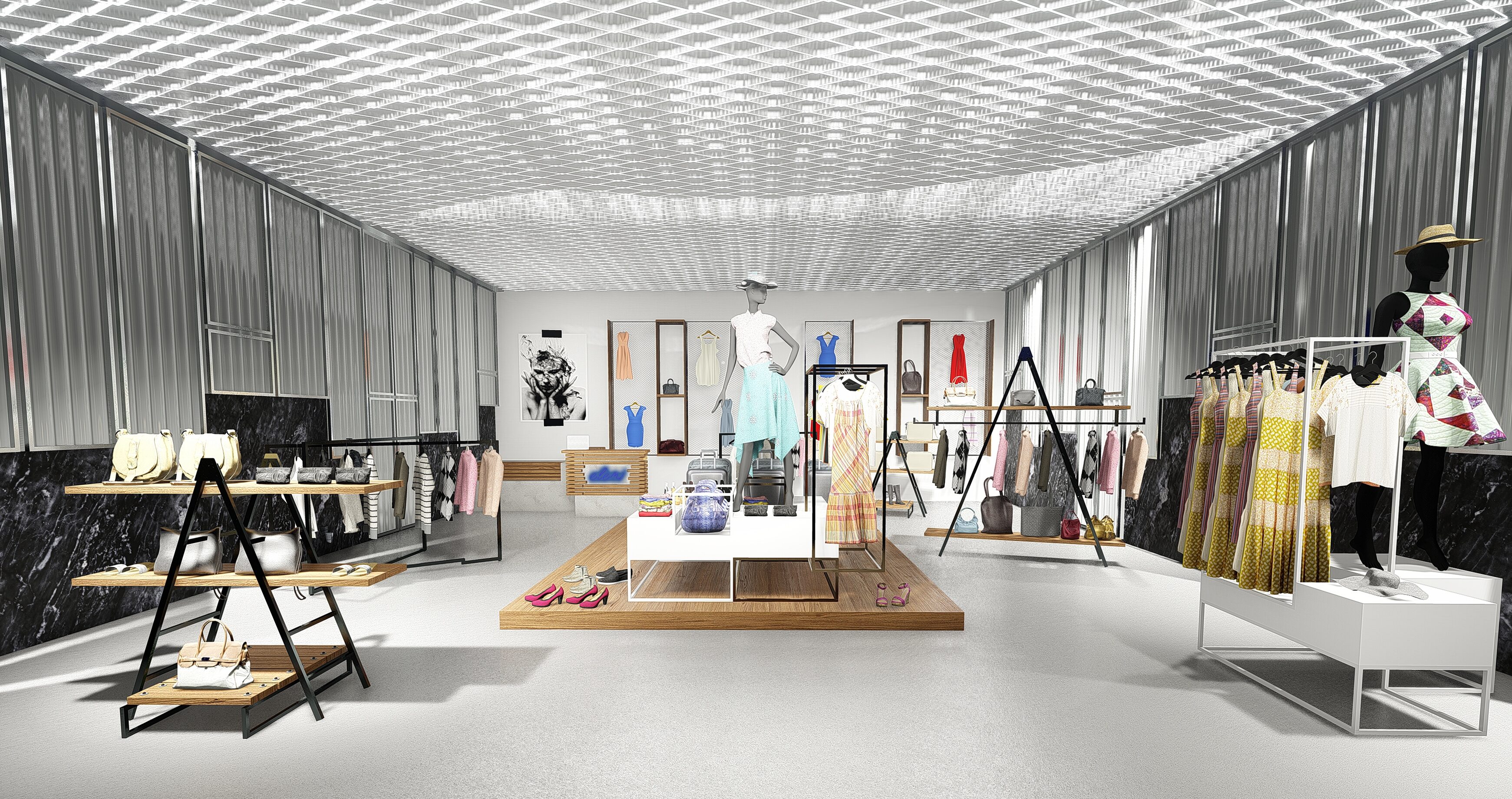 Σχεδιασμός καταστήματος μόδας boutique γυναικείων ενδυμάτων vintage